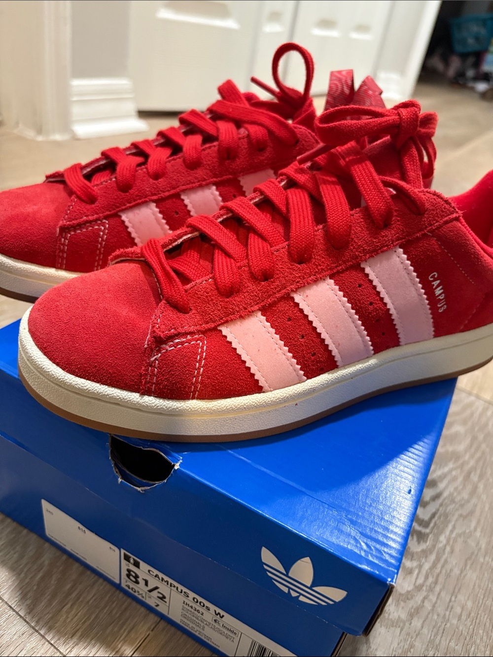 adidas Kids Red Sneakers with Pink Stripes